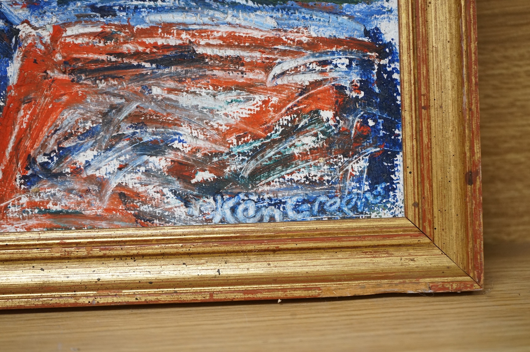 Ken Green, 1970’s impasto oil on board, still life of vessels, signed, 29 x 89cm